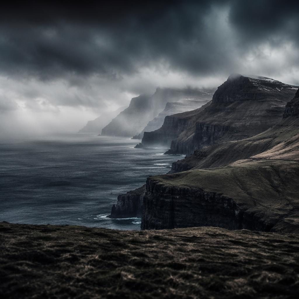 Monochrome landscape of rolling Faroe Islands cliffs at blue hour with storm clouds, sharp focus and dramatic light.