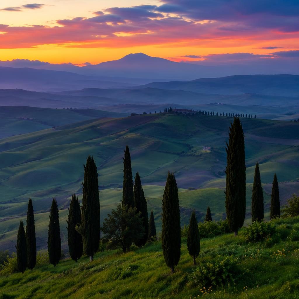 Photoreal landscape of Tuscan hills with cypress trees at blue hour, soft twilight light, and a distant mountain background