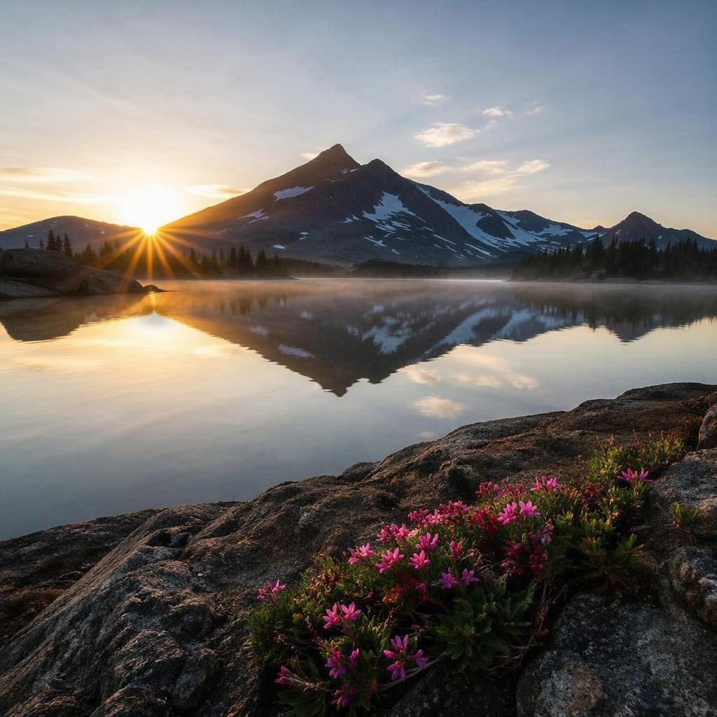 Fog drifts over a calm alpine lake at dawn, framed by mountain slopes, with soft mist and sharp natural light.