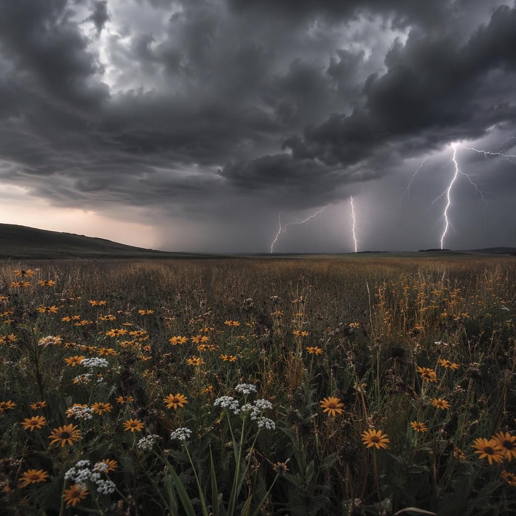 Black and white landscape photo of a lightning storm over foggy plains with wildflowers in sharp focus.