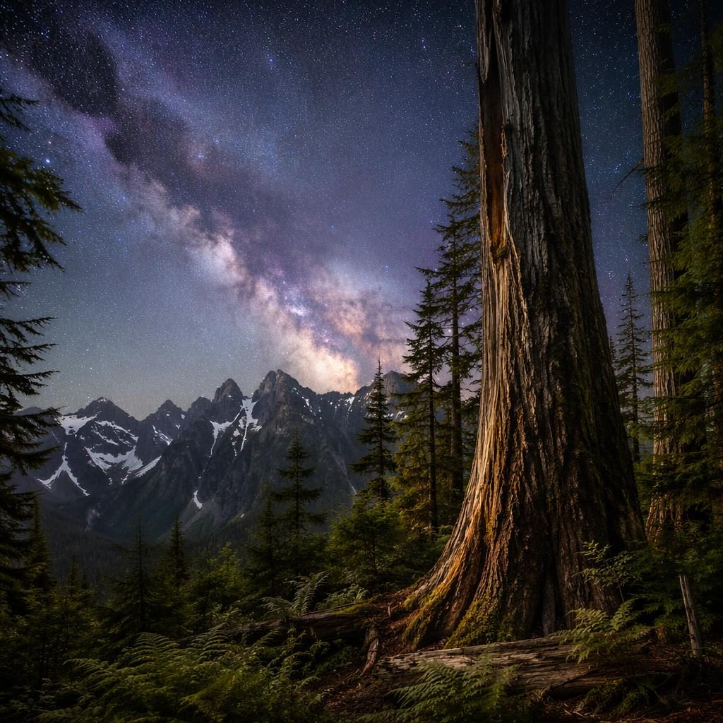 Old-growth redwood in Olympic National Park rainforest under the Milky Way at night, with cinematic spring light.