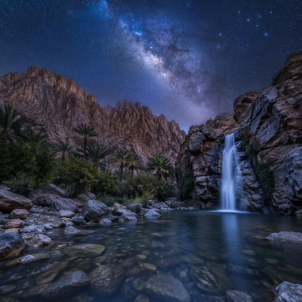 Waterfall in a desert oasis in Morocco beneath the Milky Way, with rocky mountains, spring greenery, and cool blue light.