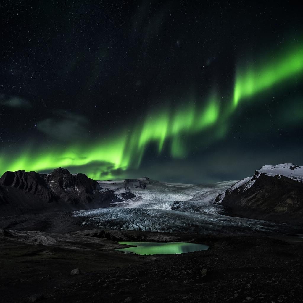 Aurore boréale au-dessus d’un glacier en Islande, paysage nocturne en noir et blanc à la pleine lune