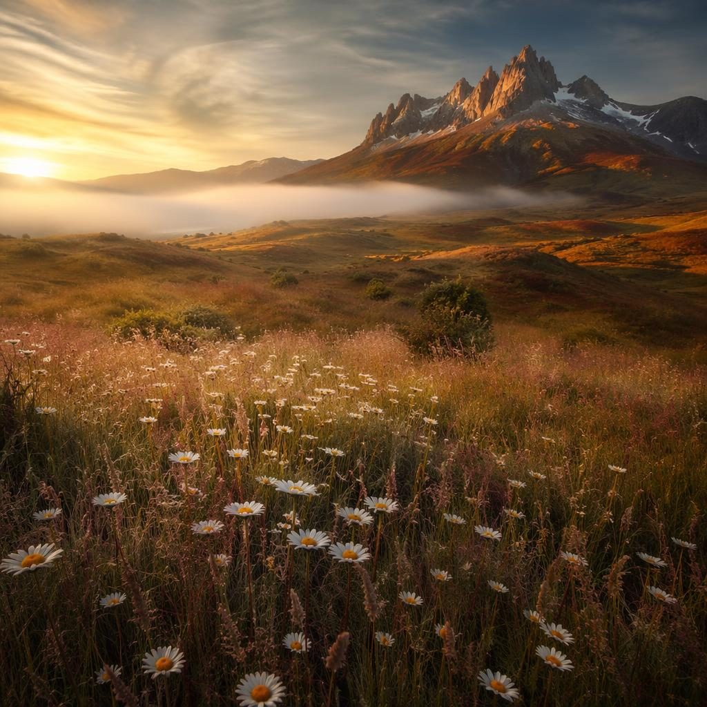 Wildblumenwiese im Morgennebel vor patagonischen Bergen bei goldenem Licht, weiche malerische Naturfotografie