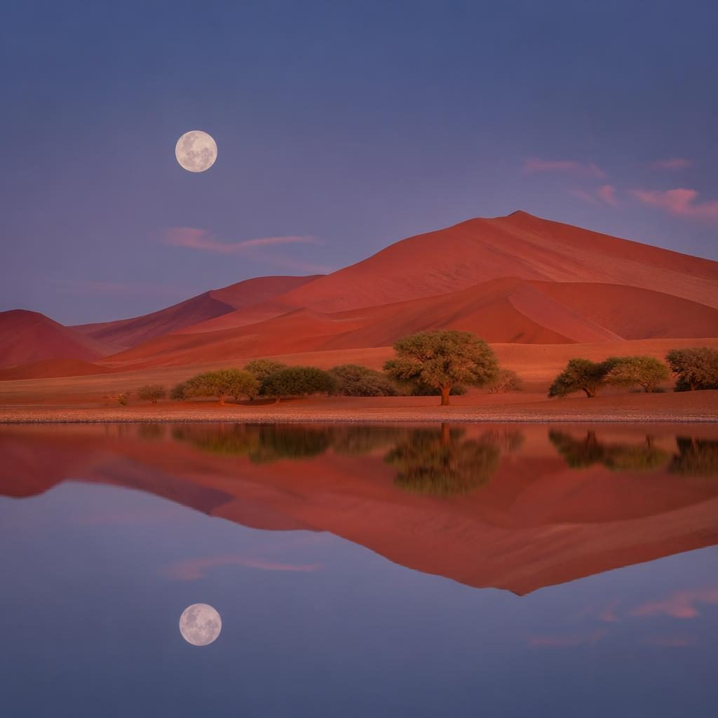 Moonlit lake reflecting full moon beside red sand dunes in Namibia, with warm sunset tones and dramatic light.