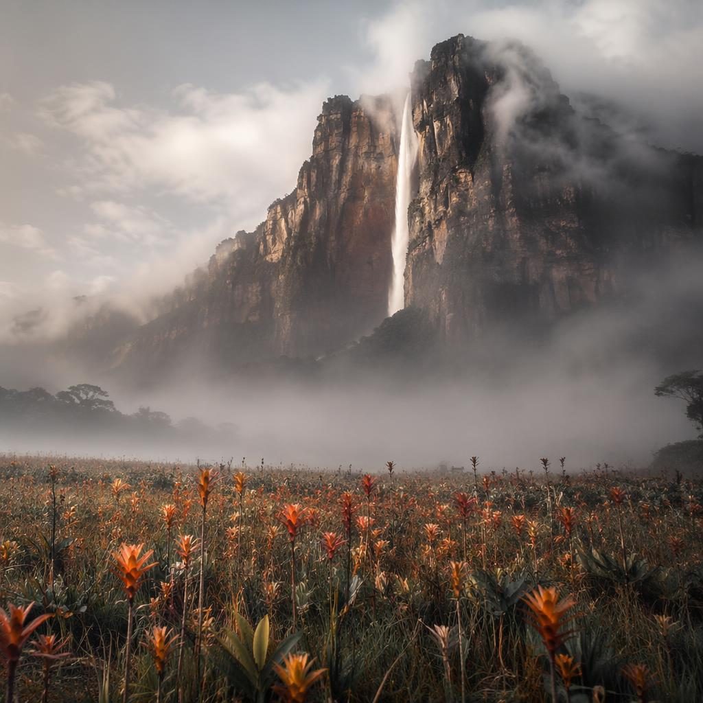 Schwarz-weißes Naturfoto der Angel Falls in Venezuela mit nebliger Wiese, Wildblumen und dramatischem Morgenlicht