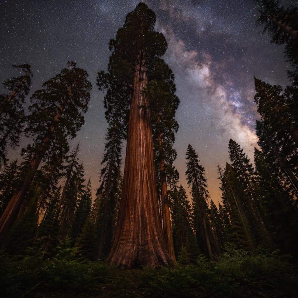 Alter Sequoia-Riesenbaum im Frühlingswald unter der Milchstraße bei Nacht, weiches Licht, natürliche Erdtöne