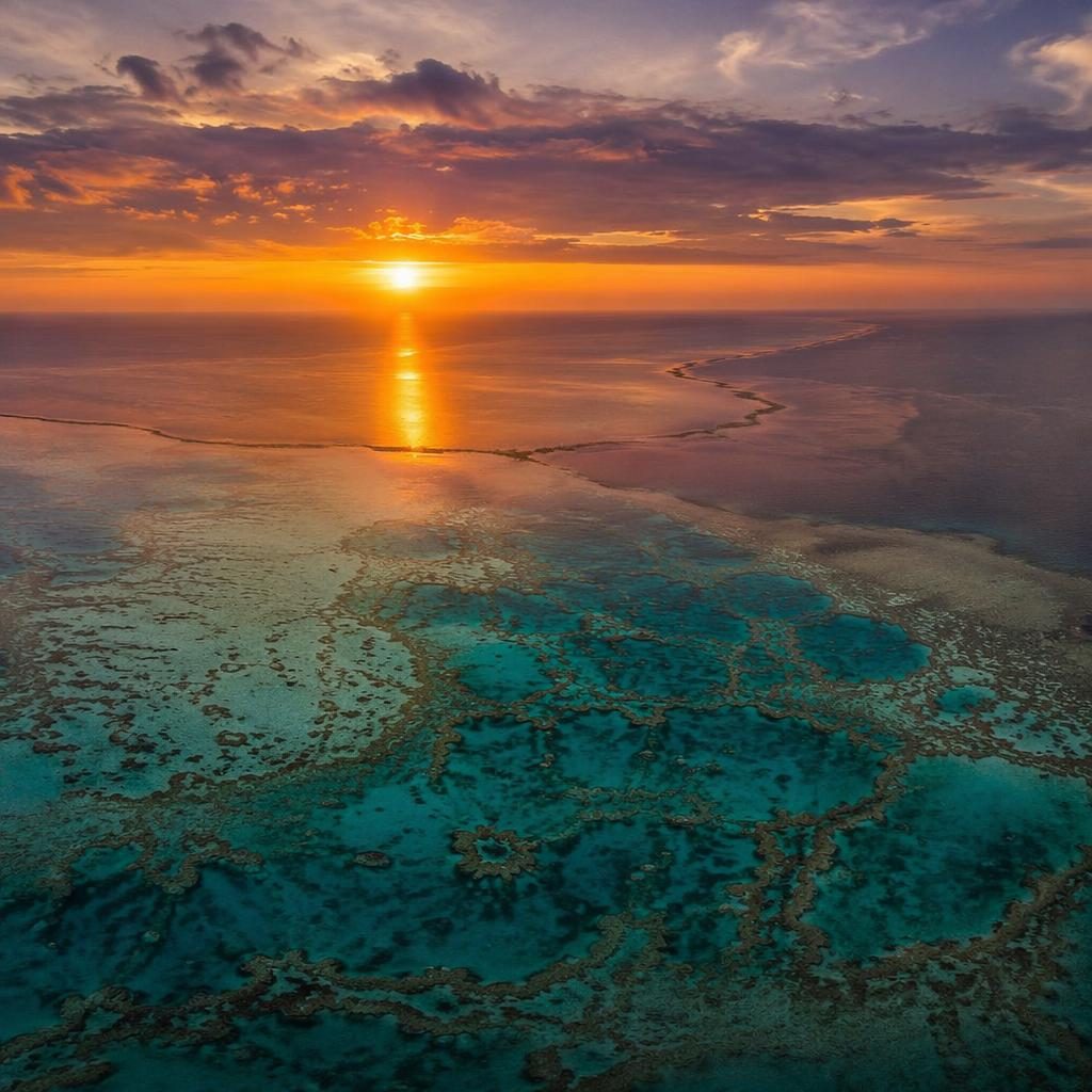 Vue aérienne de la Grande Barrière de corail au coucher de soleil, récifs et lagons pastel sous une lumière dorée