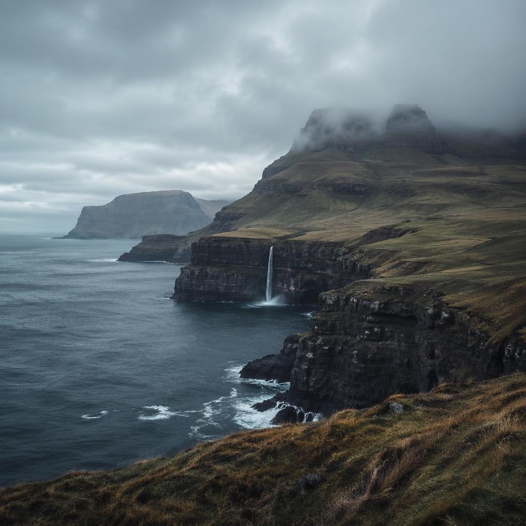 Storm clouds over Faroe Islands cliffs and lavender fields in autumn, with soft overcast light and a serene rust palette.