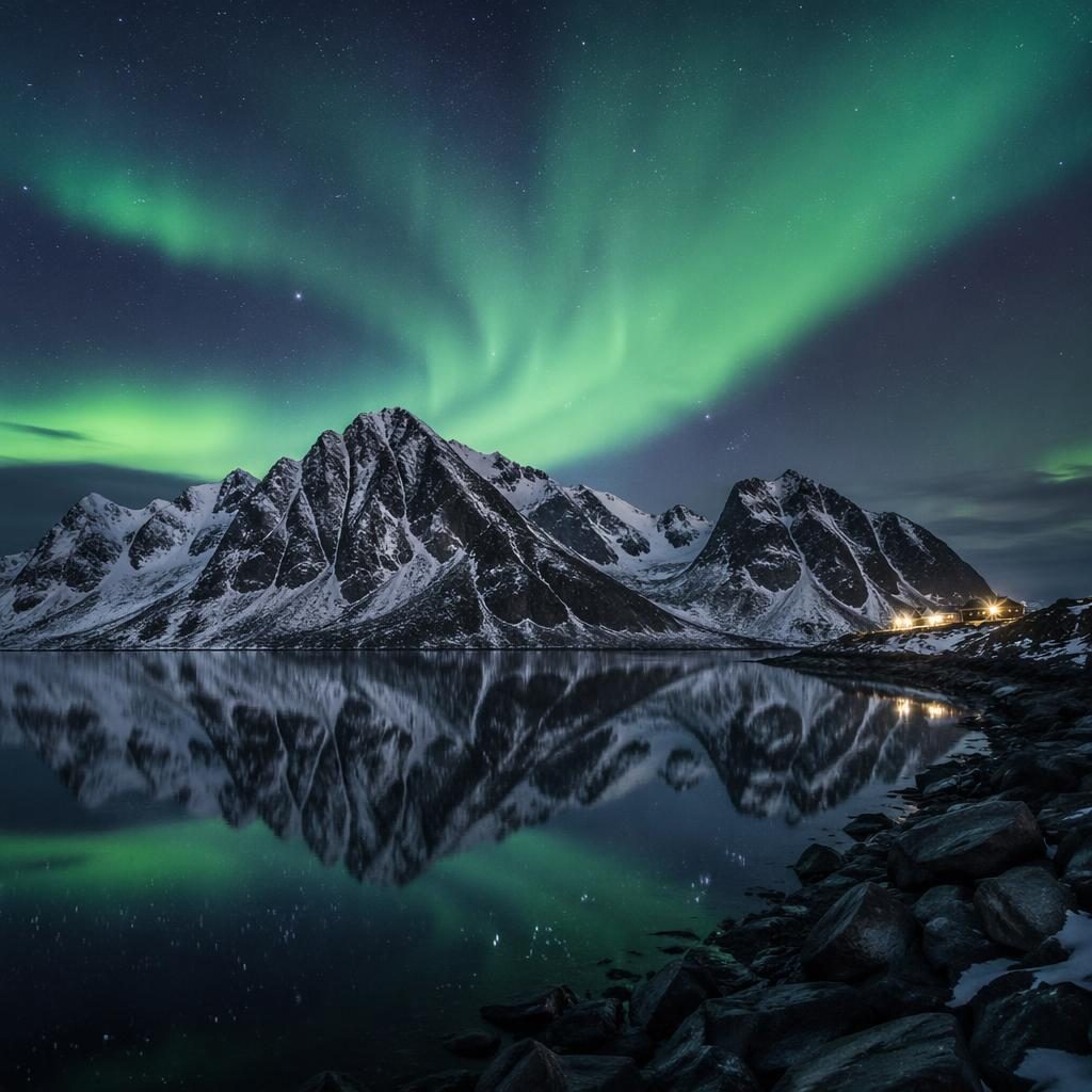 Snowy Lofoten Islands landscape under aurora and full moon, with dramatic monochrome tones and sharp mountain detail.