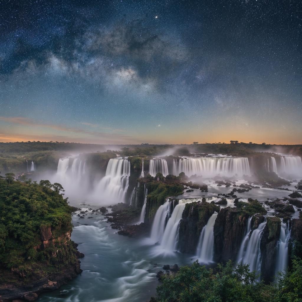 Vista panorámica de las Cataratas del Iguazú con selva frondosa, niebla y cielo nocturno estrellado en primavera.