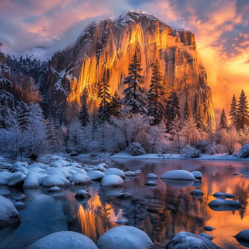 El Capitan at dawn in Yosemite Valley, winter alpine landscape with golden sunrise light and dramatic atmosphere.