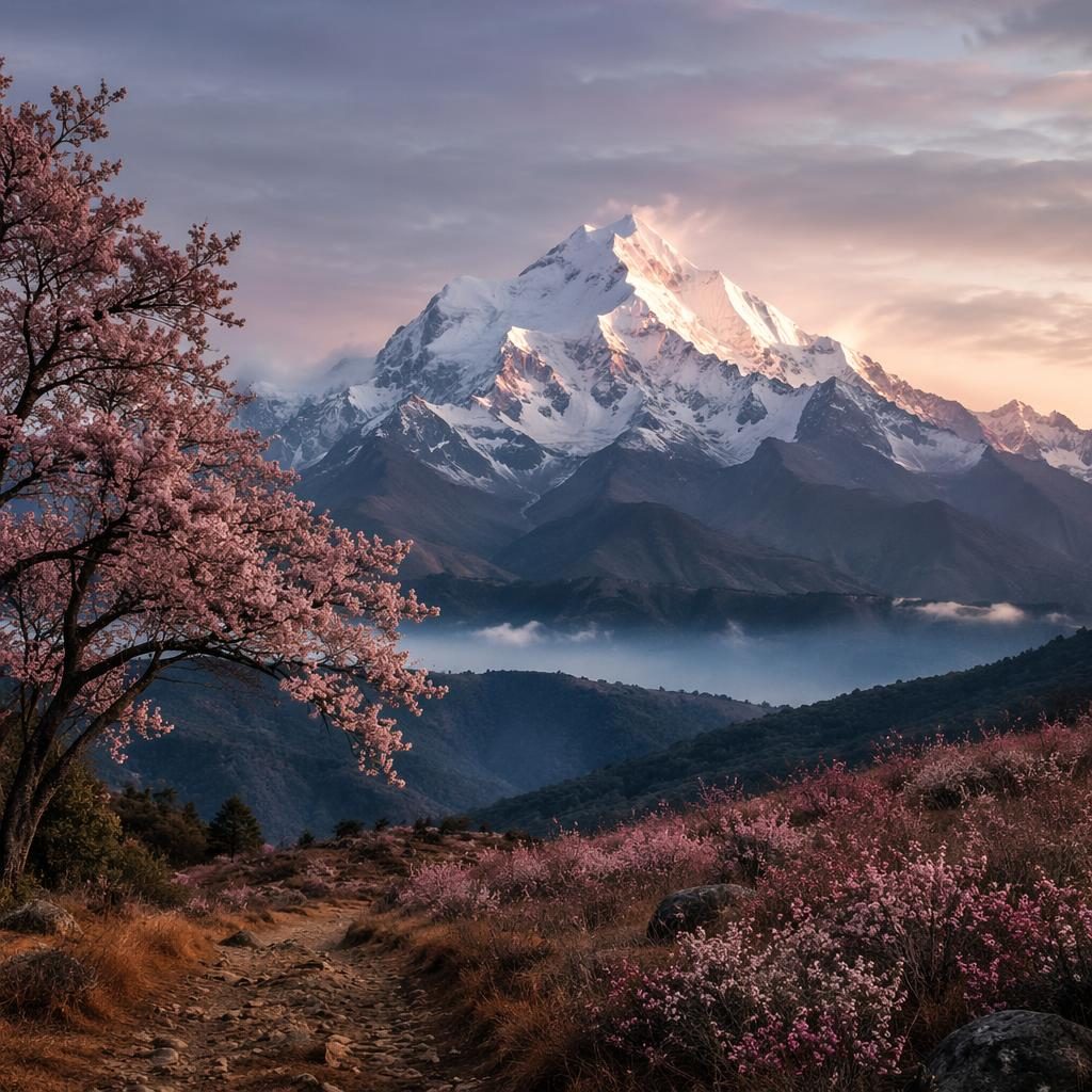 Cherry blossoms frame Mount Fuji above soft lavender fields under an overcast autumn sky with cinematic light.