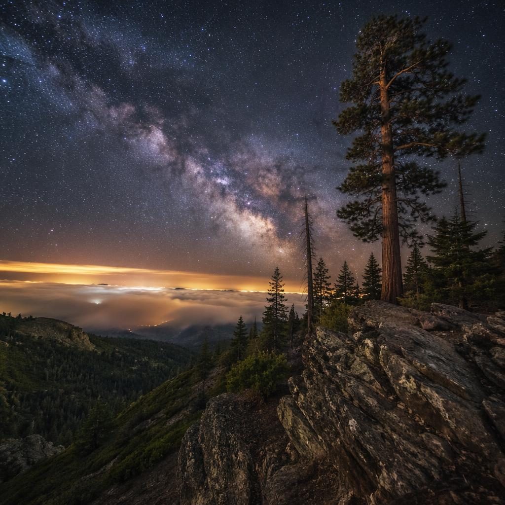 Old-growth redwood beneath a bright Milky Way sky with mist like Victoria Falls smoke, dramatic spring landscape
