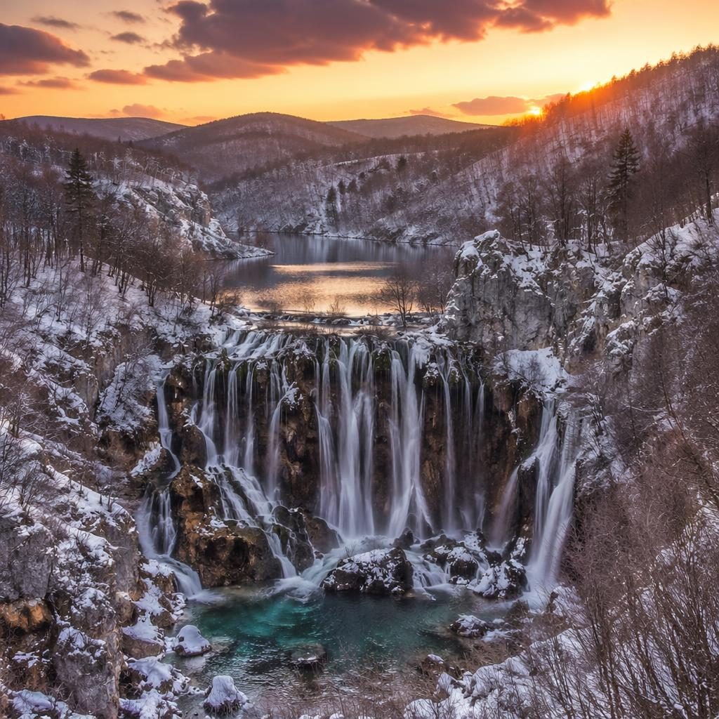 Photorealistic Plitvice Lakes waterfalls at blue hour with volcanic-style rocks, spring water, and warm twilight light