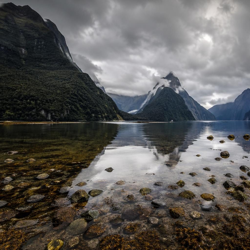 Paysage photoréaliste de Milford Sound, champs de lavande sous ciel couvert d’automne, en noir et blanc contrasté.