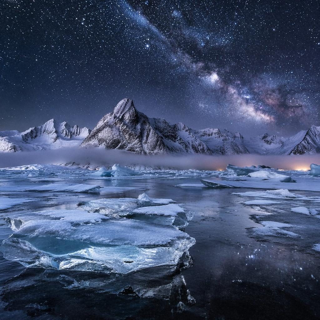 Arctic ice at golden hour sunrise beneath a Milky Way sky over distant mountains in a dramatic monochrome winter landscape.