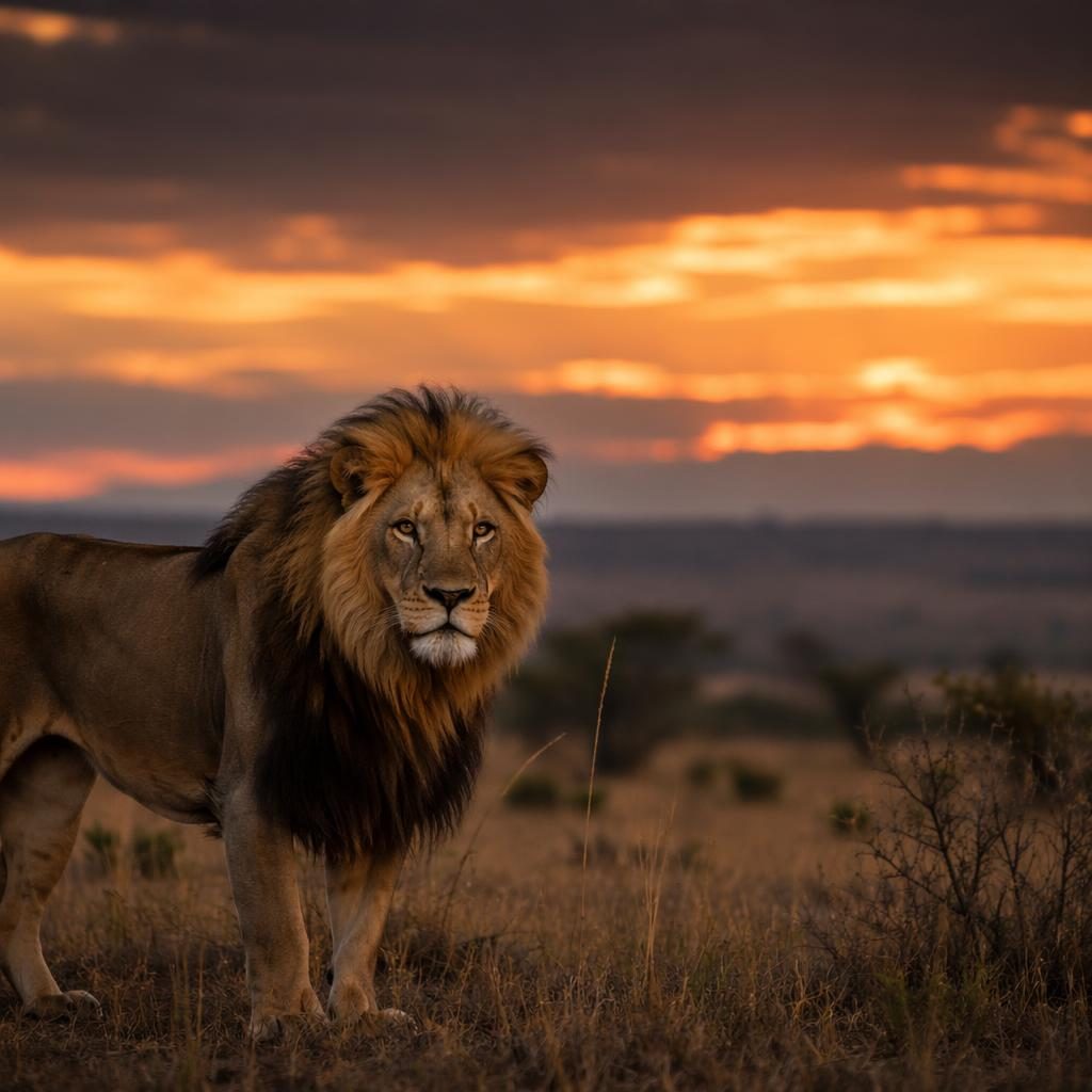 Photoreal Serengeti grassland at dusk with volcanic terrain, twilight sky, and dramatic atmospheric light in spring