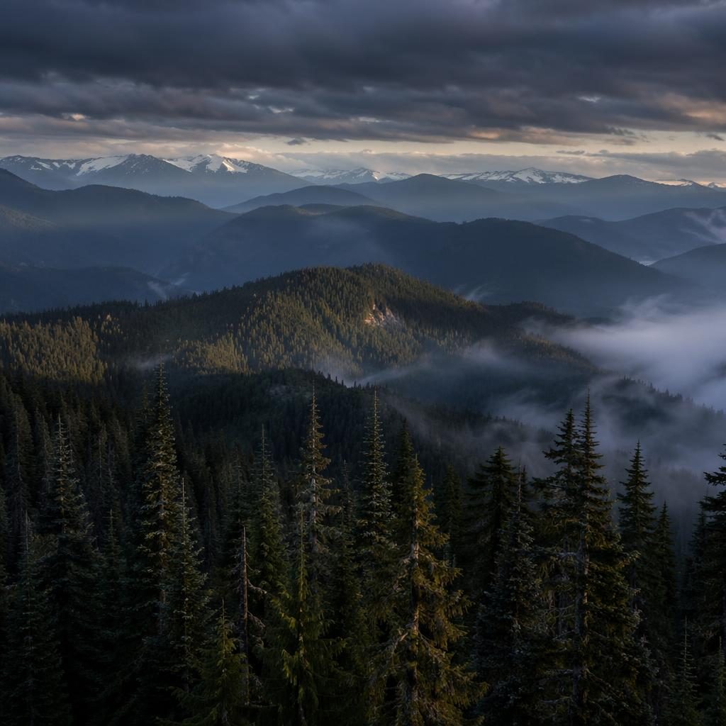 Sanfte Hügel im Olympischen Regenwald zur blauen Stunde im Frühling, kontrastreich in monochromer Landschaft