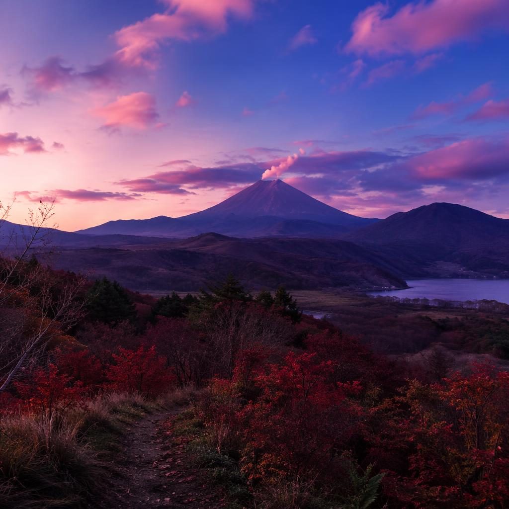 Autumn forest path covered in leaves at blue hour, with a dramatic volcanic landscape and soft atmospheric light