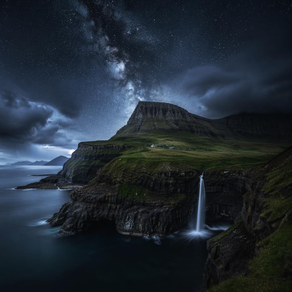 Waterfall on Faroe Islands cliffs under a Milky Way sky, with stormy clouds, cool blue tones, and a dramatic spring landscape.
