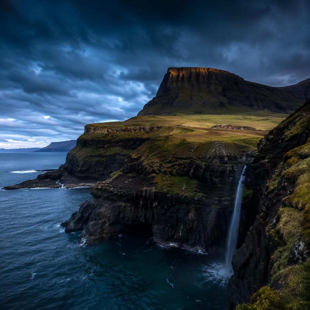 Stormy Faroe Islands volcanic cliffs at blue hour twilight with dramatic clouds, sharp details, and vibrant tropical tones