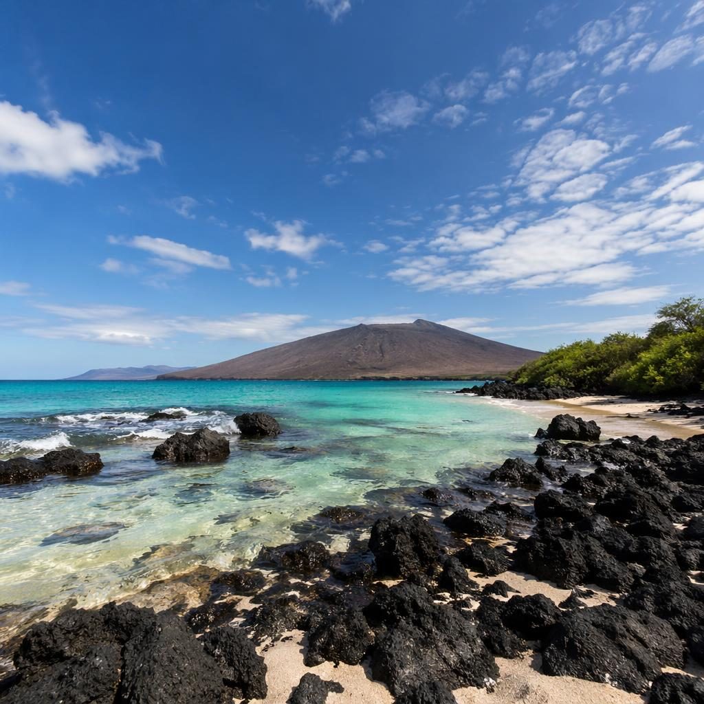 Photoreal tropical beach on the Galapagos volcanic coast at midday with clear sky, dark lava rocks, blue water