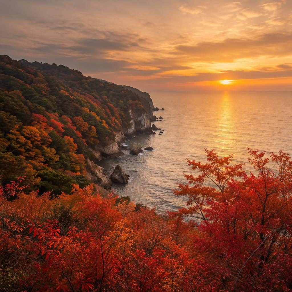 Acantilados frente al océano bajo cielo nublado, bosque japonés de momiji en otoño y luz cálida de atardecer.