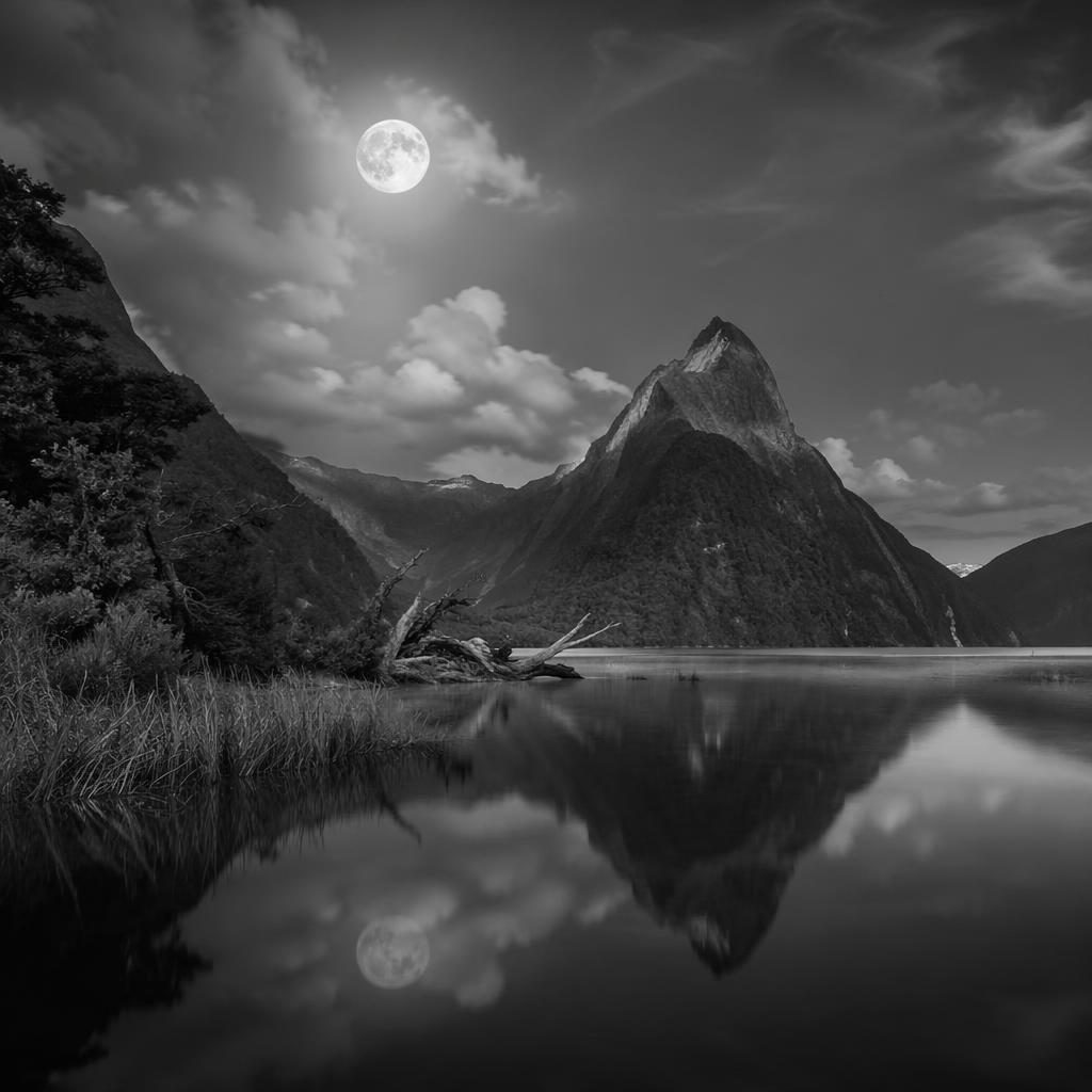 Monochrome autumn forest and Milford Sound at full moon night with dramatic mist, sharp focus, and atmospheric light.