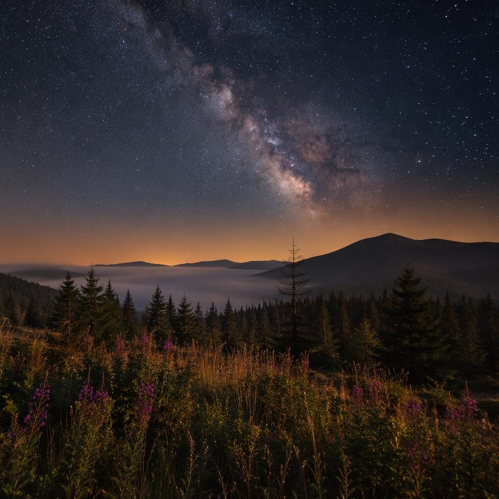 Milchstraße über Bergsilhouette, neblige Sommerwiese mit Wildblumen im Vordergrund, dramatisches atmosphärisches Licht