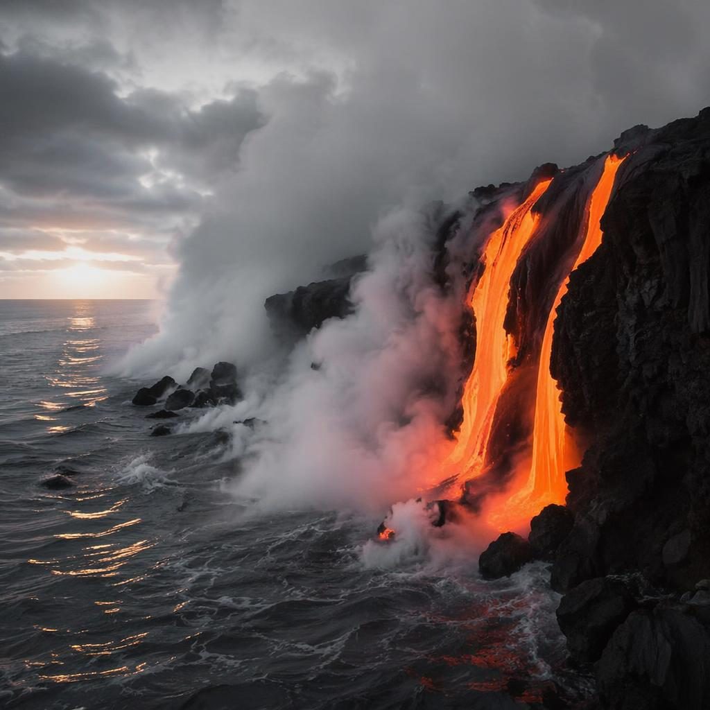 Erupción volcánica en Hawái con ríos de lava sobre paisaje natural, luz dramática y acabado fotográfico monocromo