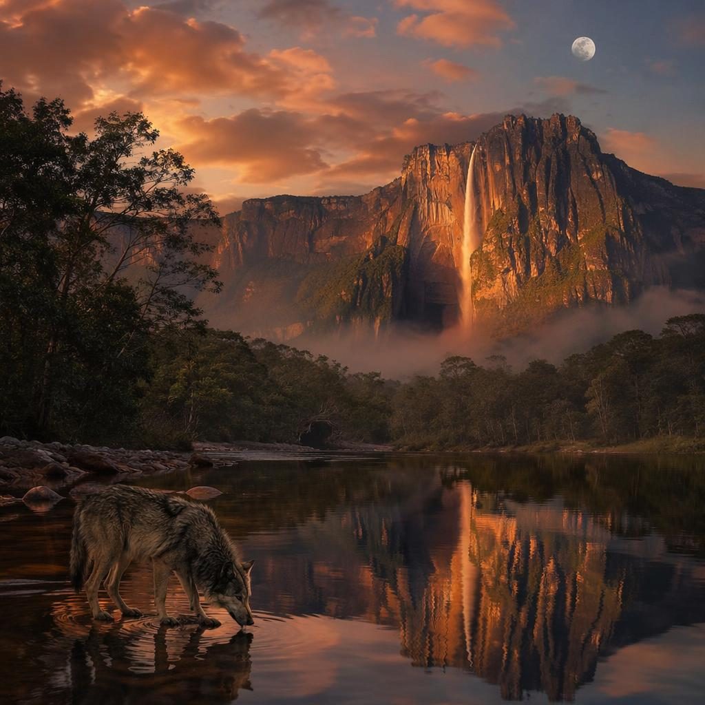 Moonlit lake reflecting Angel Falls in Venezuela at full moon, with wildflowers at the shore in a serene warm-toned scene.