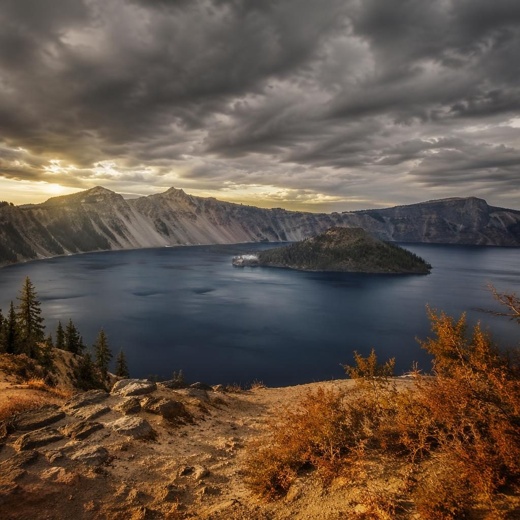 Klarer blauer Crater Lake in Oregon unter dramatischem Sturmhimmel, herbstliche Farben und ockerne Landschaft.