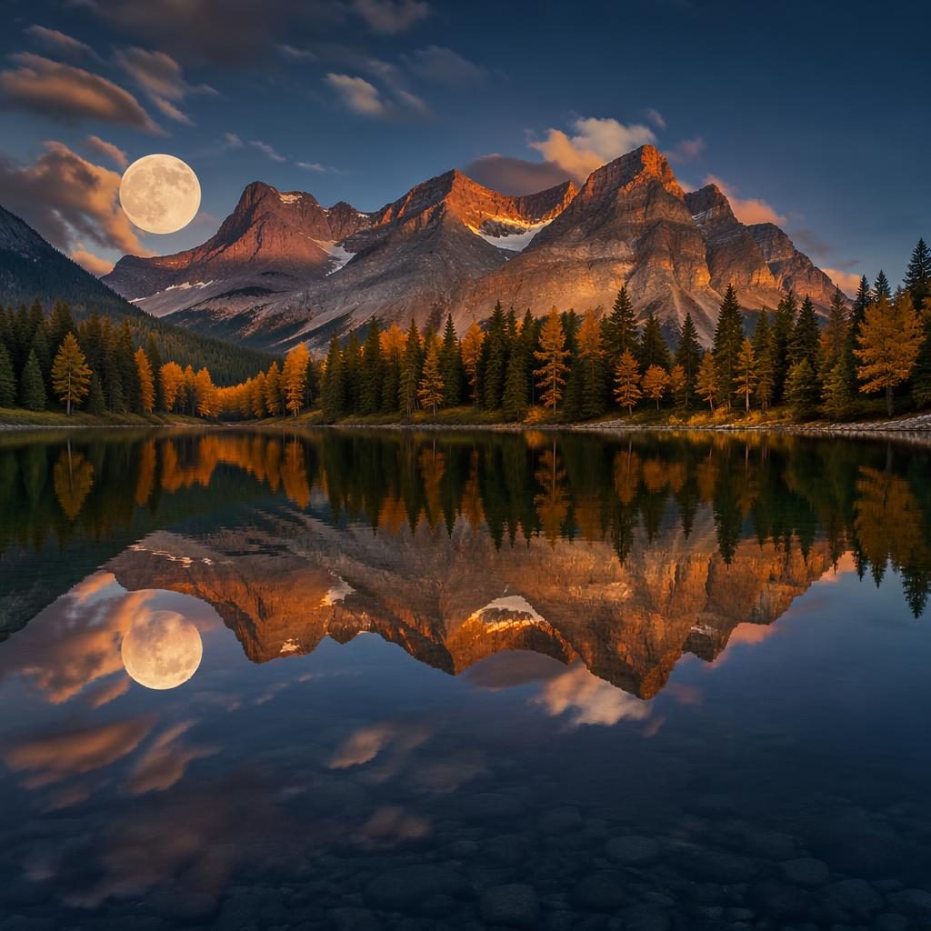 Full moon over an autumn lake in the Canadian Rockies, with mountain reflections, warm sunset tones, and dramatic light.