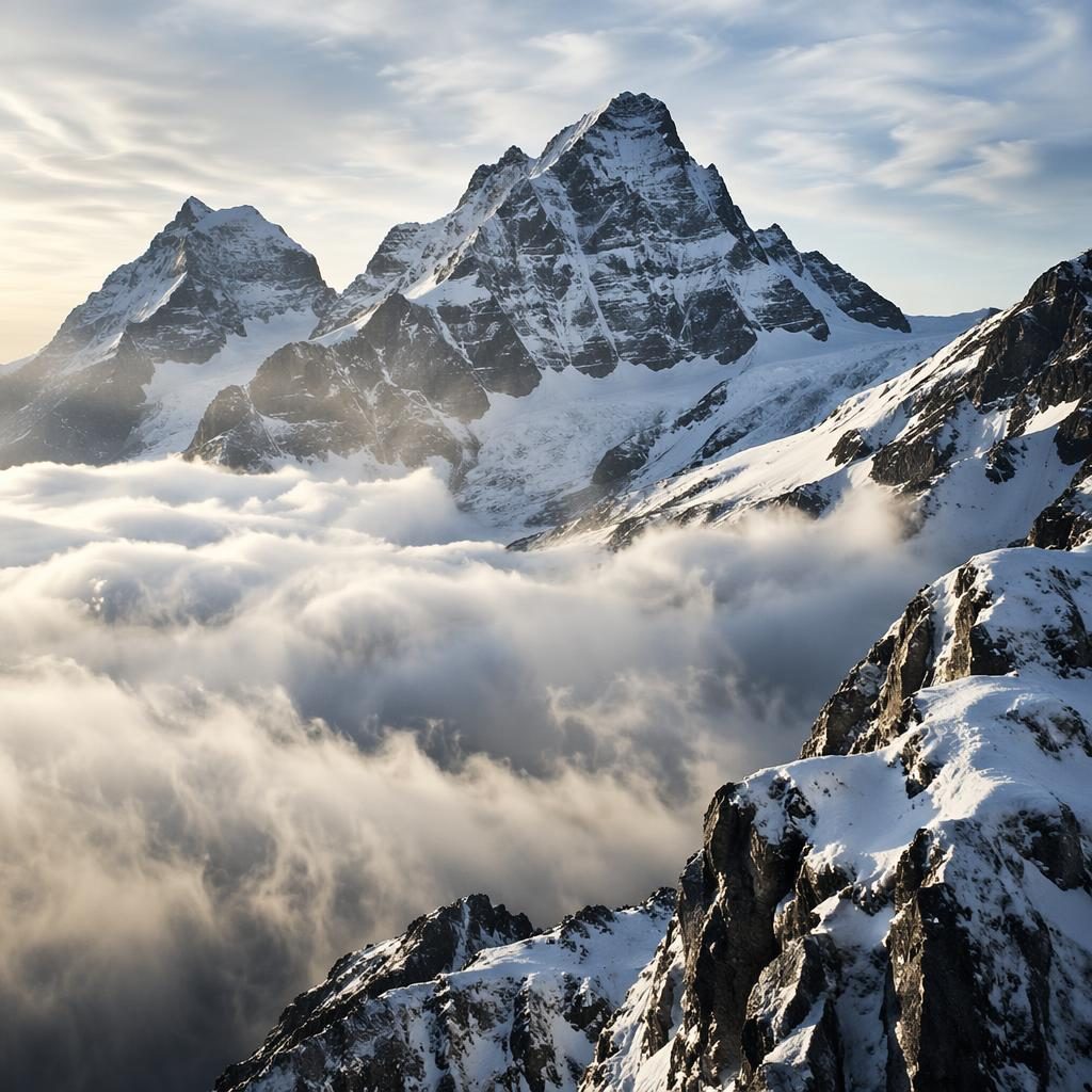 Nebel liegt über dichtem Wald im Gebirge bei weichem Morgenlicht, fotorealistische Landschaftsaufnahme.