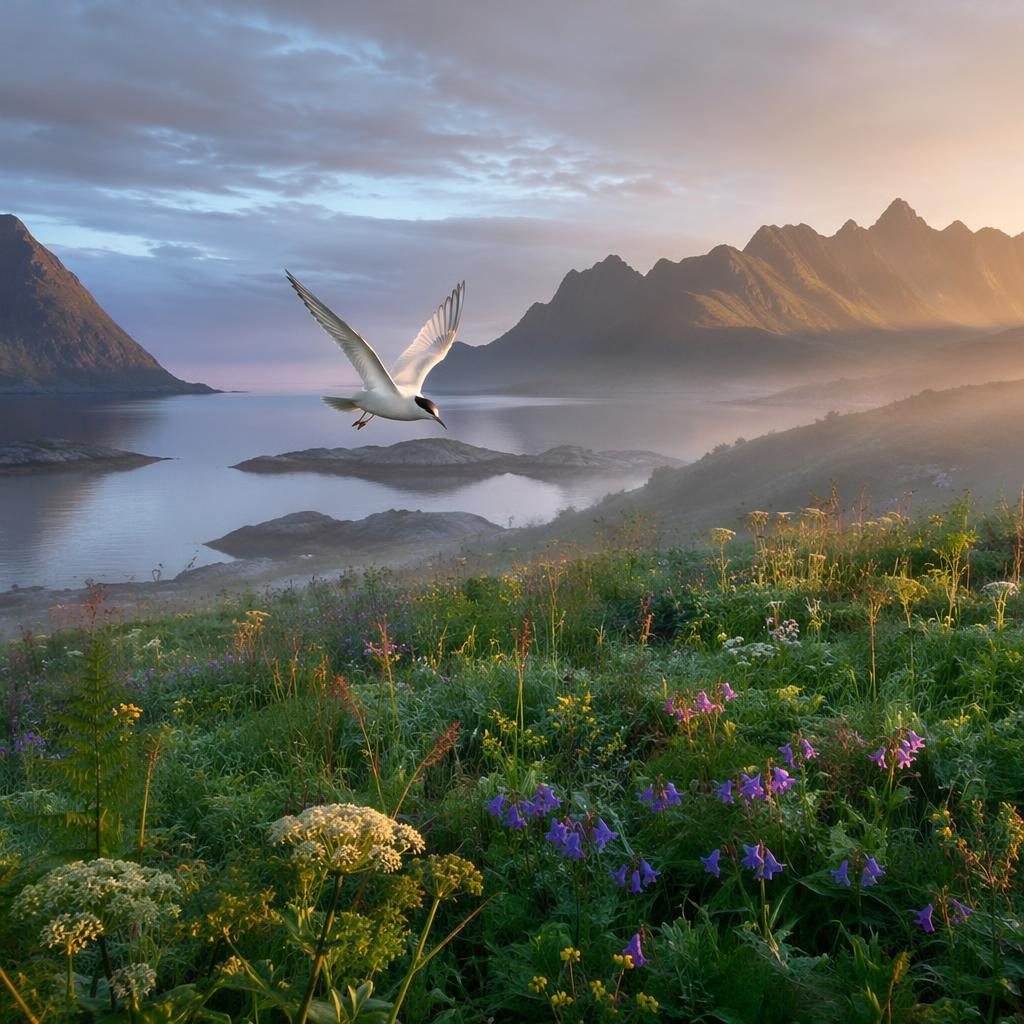 Foggy summer meadow with wildflowers by a Norwegian fjord under midnight sun, soft painterly light and dramatic atmosphere.