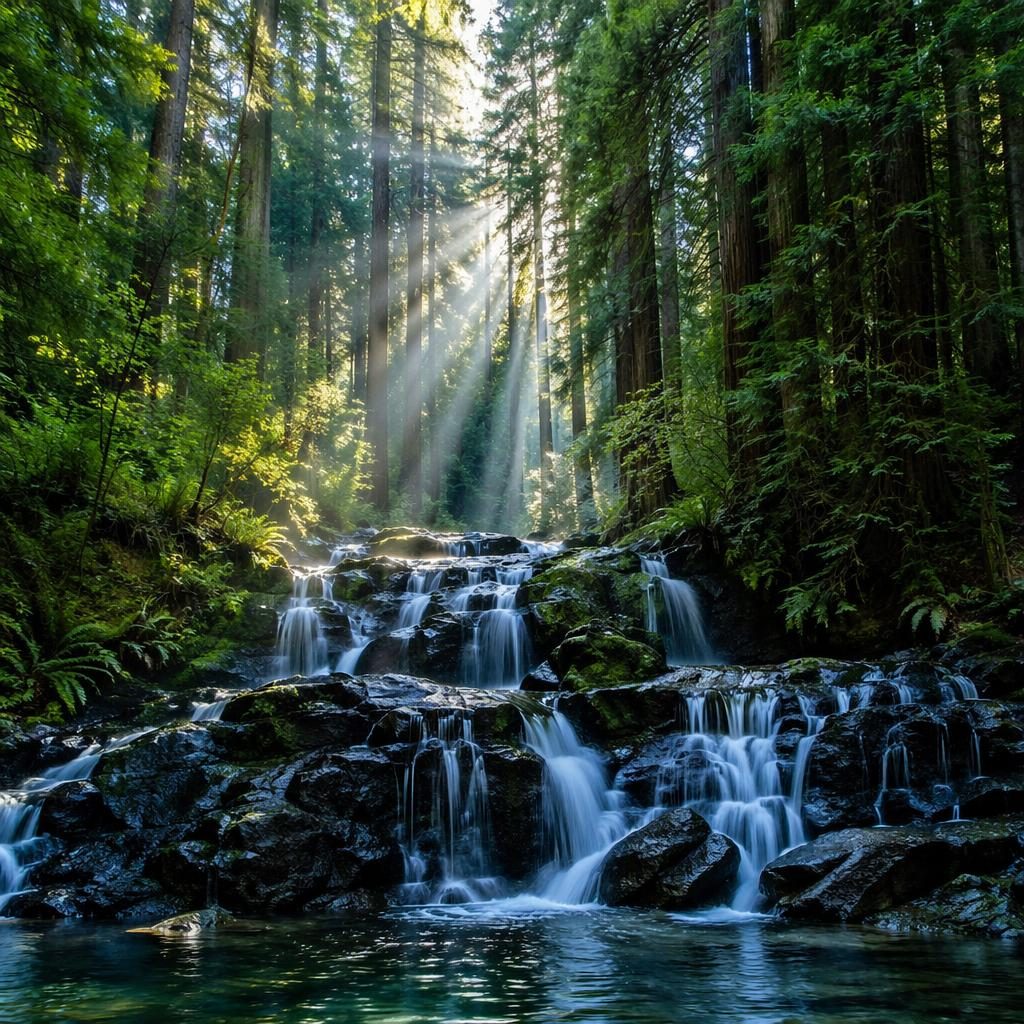 Bosque de secuoyas con rayos de sol entre los árboles, luz dramática y enfoque nítido al mediodía