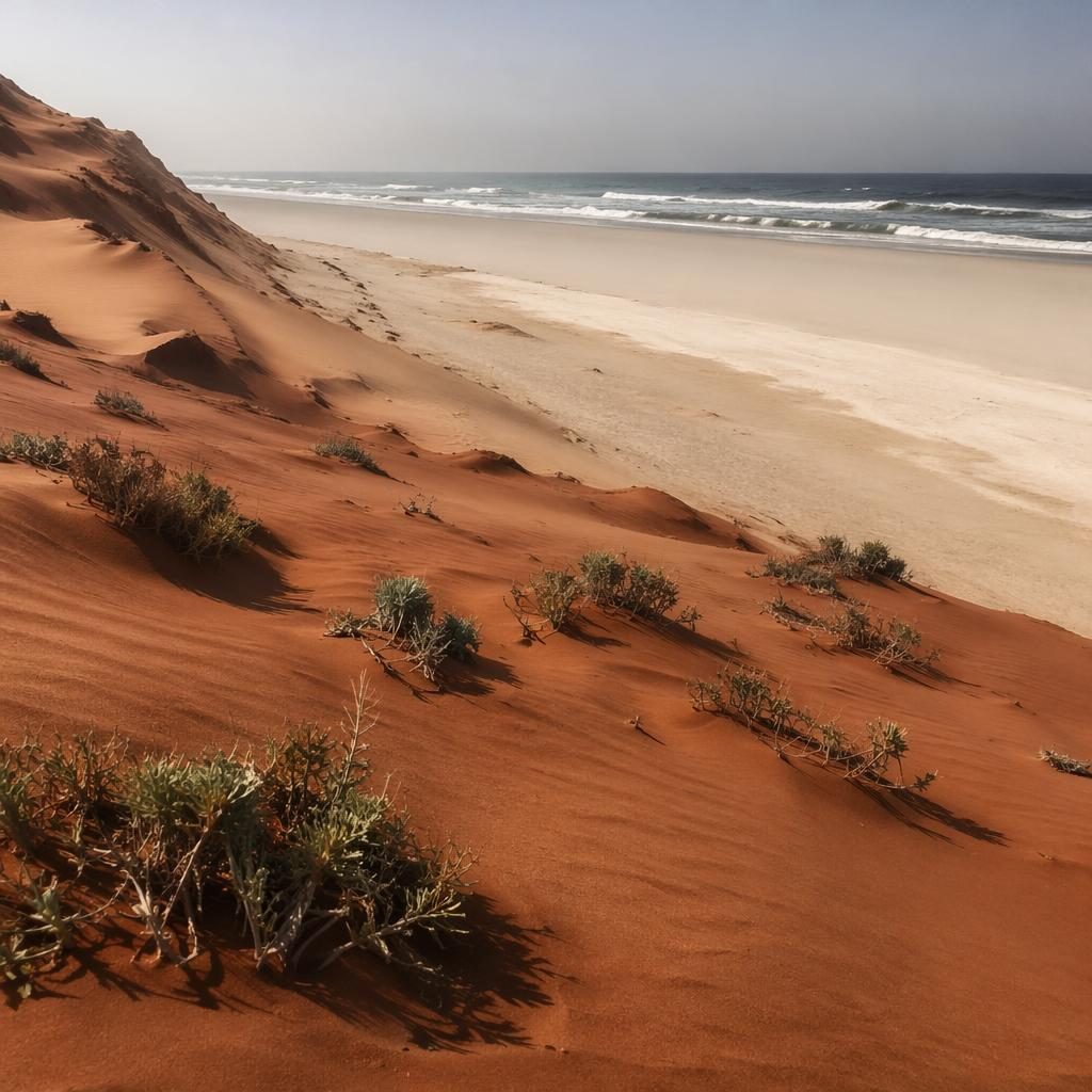Photoreal landscape of Namibia red sand dunes under clear midday light with sharp textures and dramatic natural tones