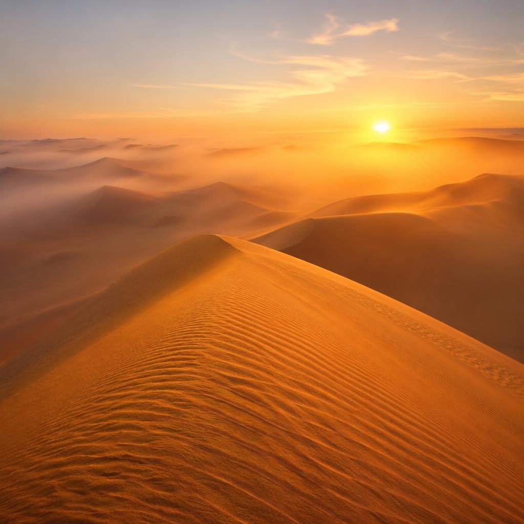 Foggy morning over Sahara sand dunes with soft warm light, sharp ridges, and cinematic desert atmosphere.