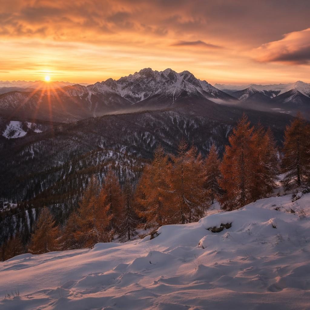 Arctic ice at golden hour sunrise with snowy alpine trees, serene winter landscape in sharp focus.