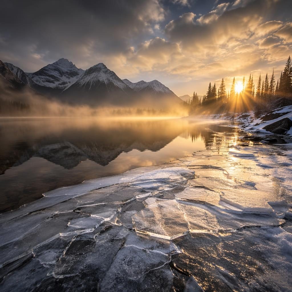 Black and white style landscape of mist over an alpine lake at dawn with arctic ice, dramatic light, and sharp detail