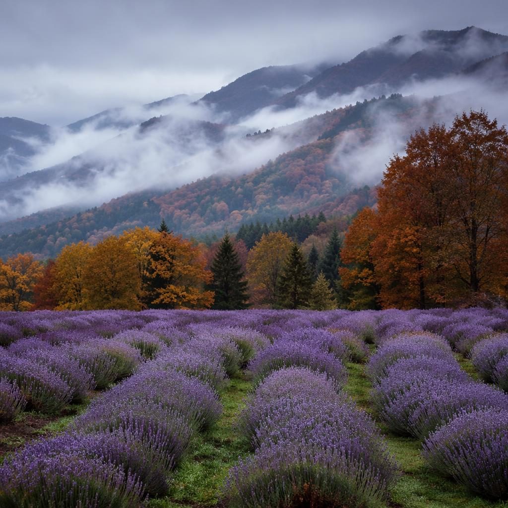 Lavender fields in autumn under overcast skies with fog drifting through the Great Smoky Mountains