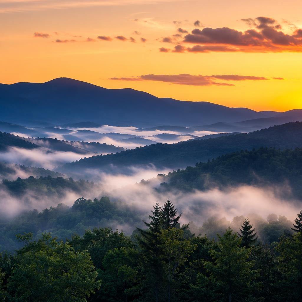 Montañas Great Smoky envueltas en niebla al atardecer, con luz dorada, capas de picos y tonos pastel suaves.