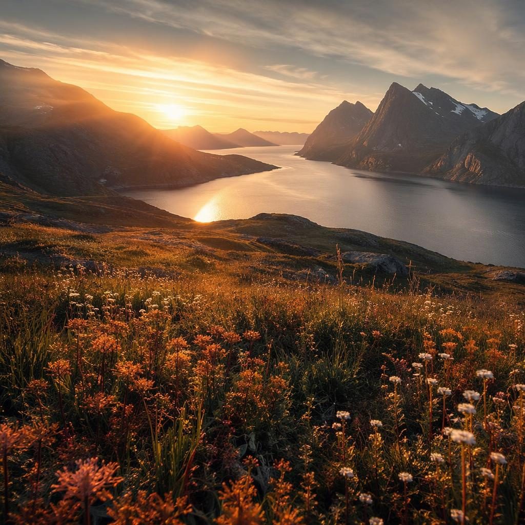 Prairie de fleurs sauvages dans la brume matinale face à un fjord norvégien, lumière de soleil de minuit en été.