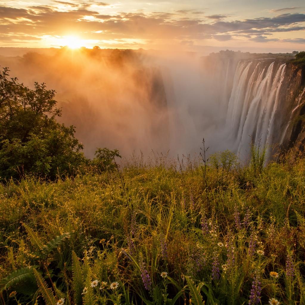 Foggy summer meadow with wildflowers and distant Victoria Falls mist in sharp natural morning light