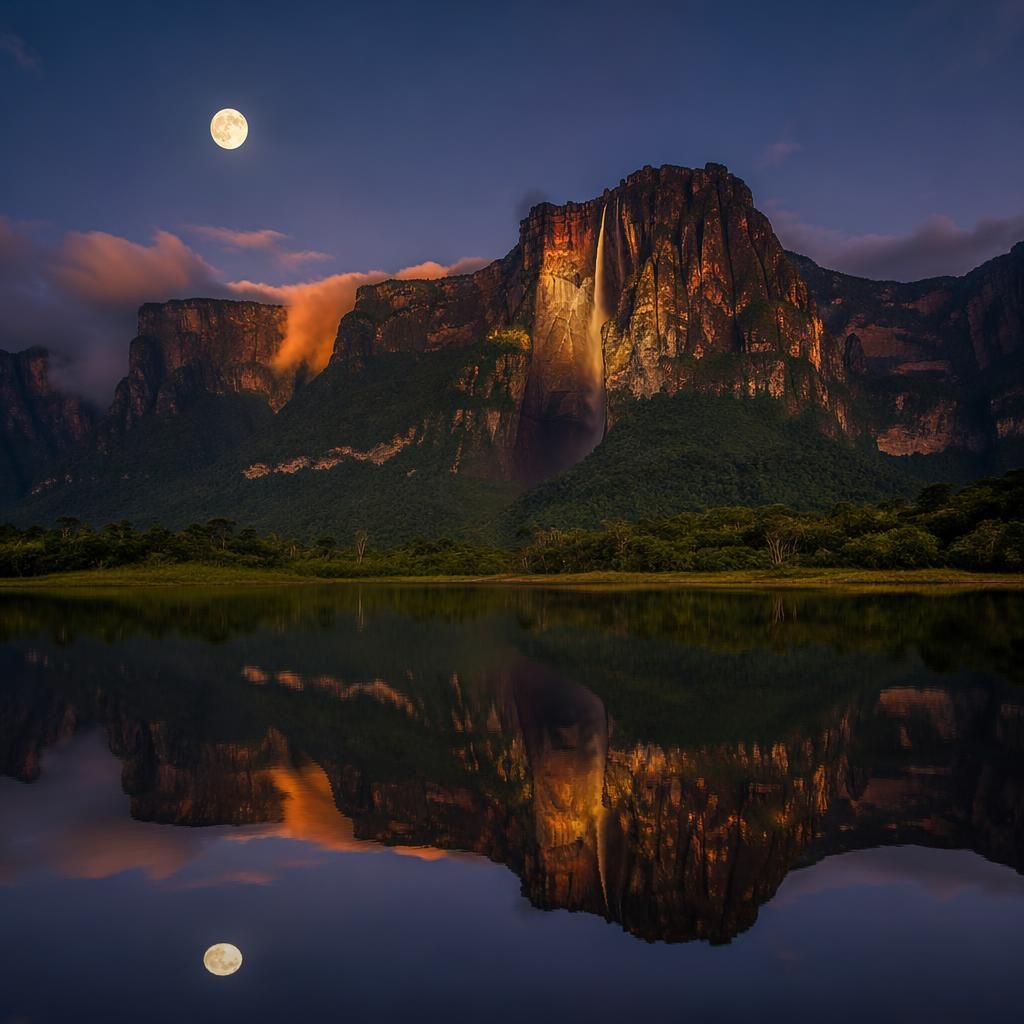 Photorealistic night landscape of Angel Falls, Venezuela, reflected in a calm lake under a full moon and warm sunset tones.