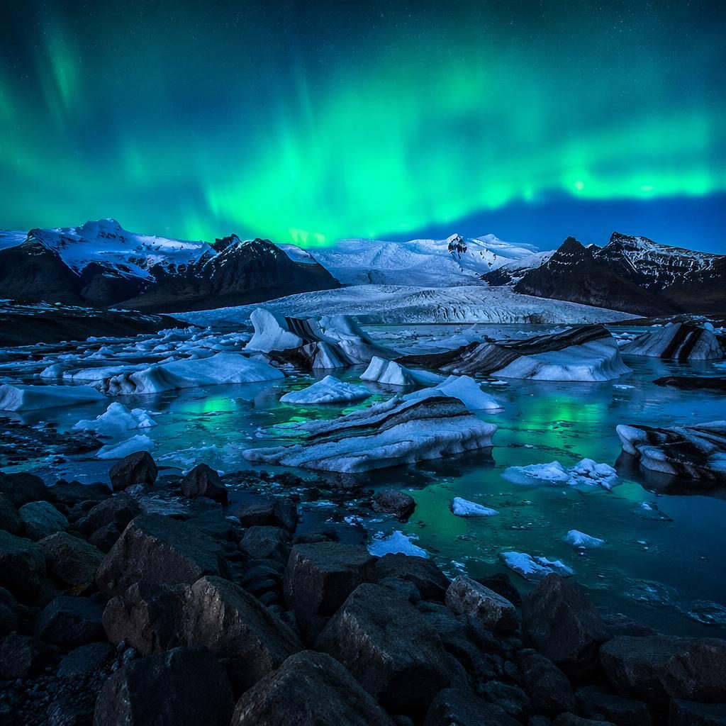Dense winter forest at dusk with an Iceland glacier and vivid aurora in cool blue and silver light