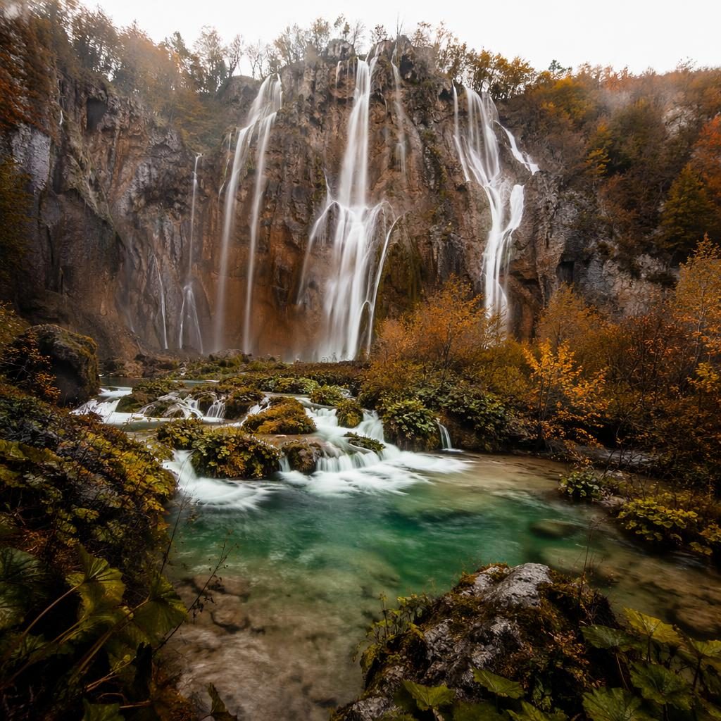 Frühlingslandschaft der Plitvicer Seen mit Wasserfällen, klarem türkisfarbenem Wasser und warmem Morgenlicht