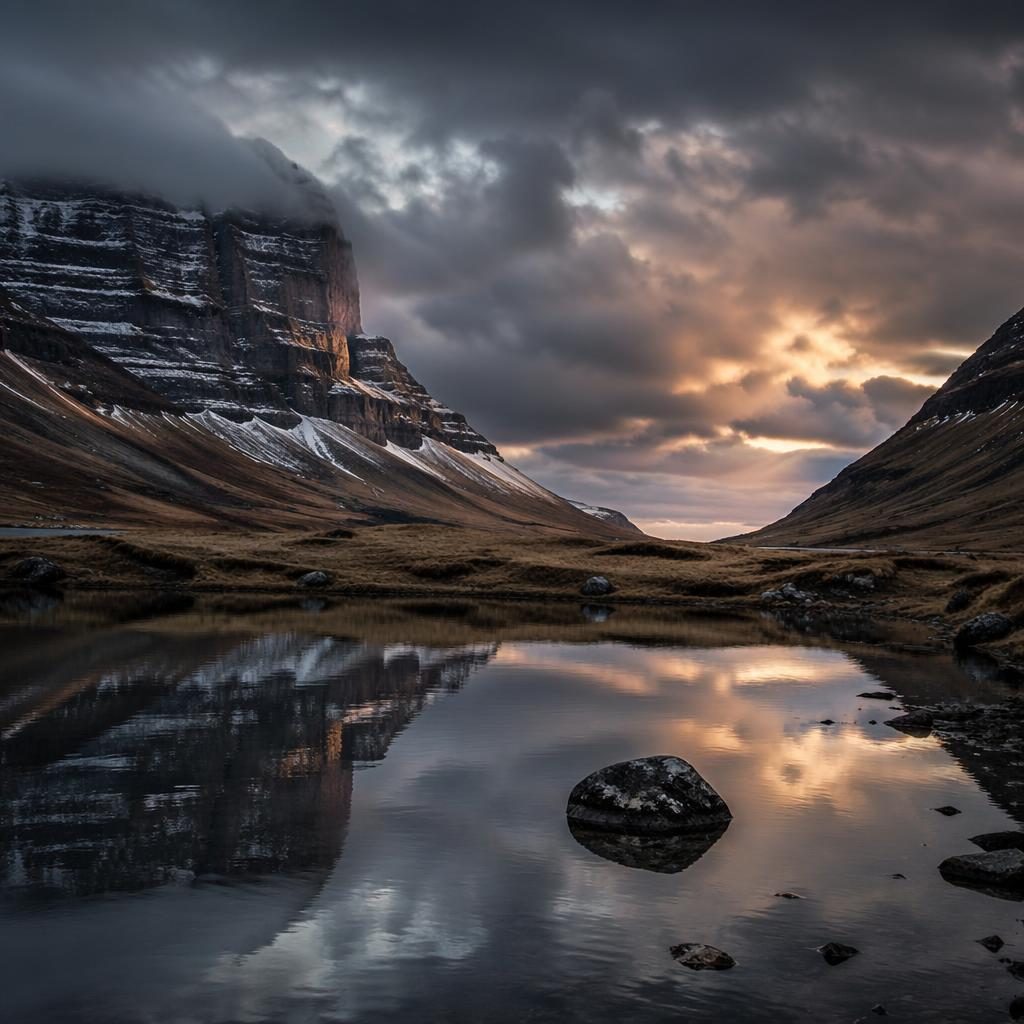 Winter river valley at dusk in the Faroe Islands, with stormy cliffs, calm reflective water, and dramatic atmospheric light