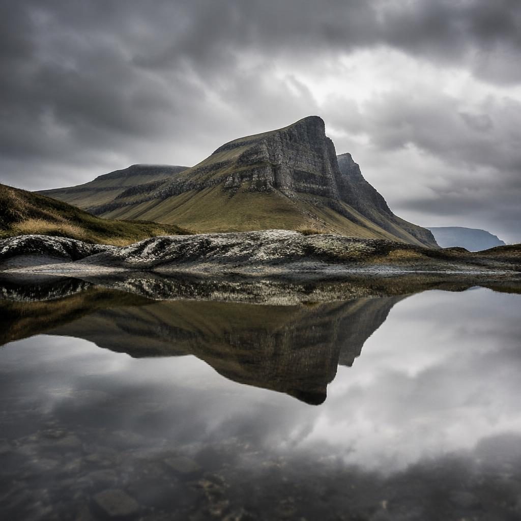 Monochrome landscape of stormy Faroe Islands cliffs with reflective water, dramatic clouds, and sharp atmospheric detail.
